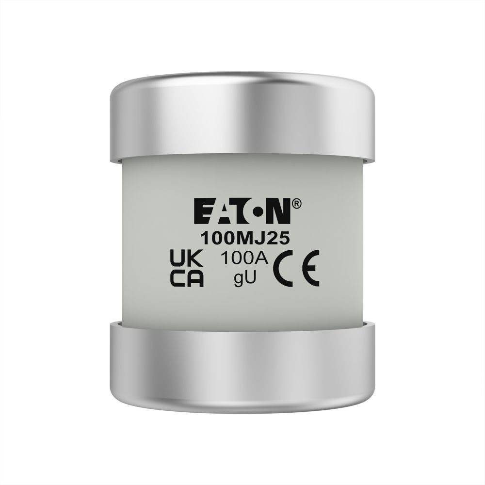 Eine zylindrische elektrische Sicherung, gekennzeichnet mit 'Eaton 100MJ25 100A', mit UKCA- und CE-Zertifizierungen, die für elektrische Sicherheit ausgelegt ist.