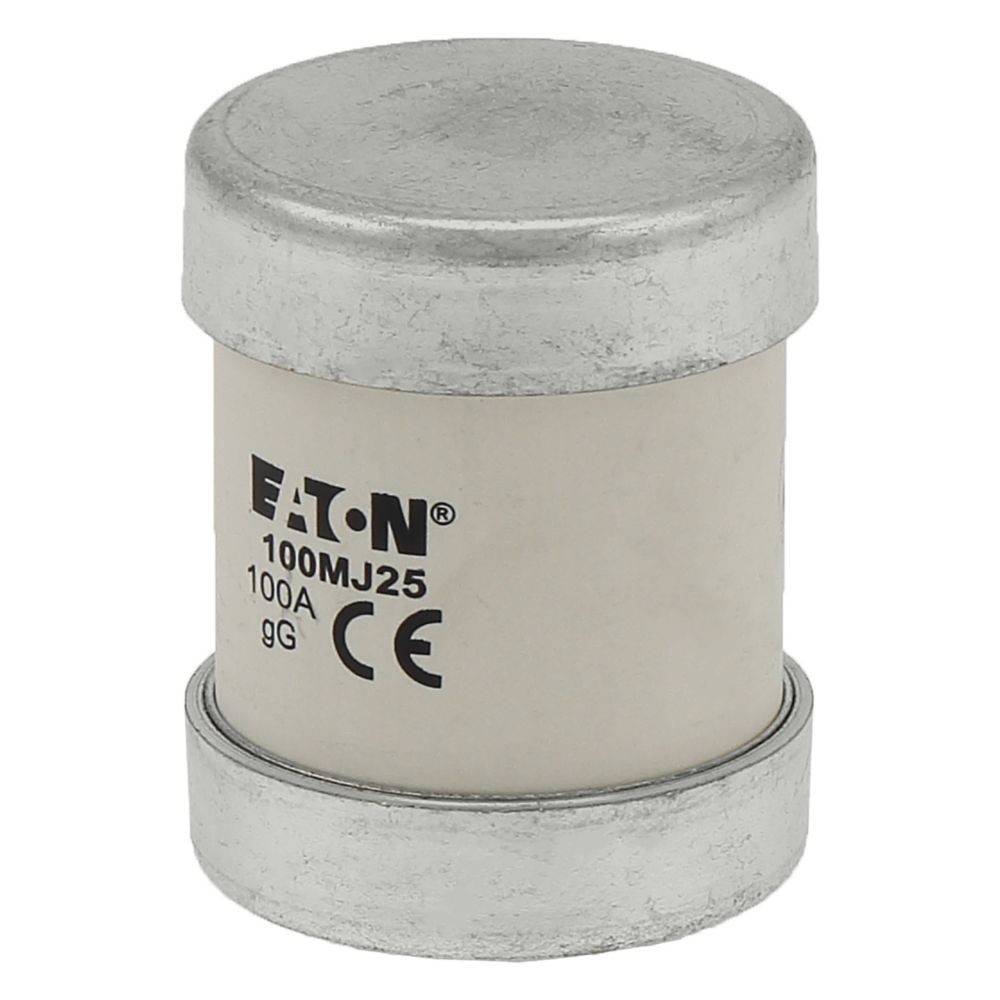 Eine Zylindersicherung mit metallischen Enden, beschriftet mit 'Eaton 100MJ25 100A gG CE', die elektrische Spezifikationen und Zertifizierungen anzeigt.
