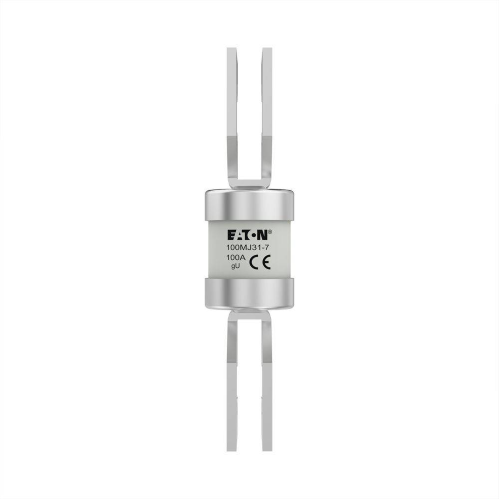 Eine Metallzylinder-Sicherung mit der Bezeichnung 'Eaton 100M431-1 100A' und großen Metallstiften an beiden Enden, zertifiziert mit dem CE-Zeichen.