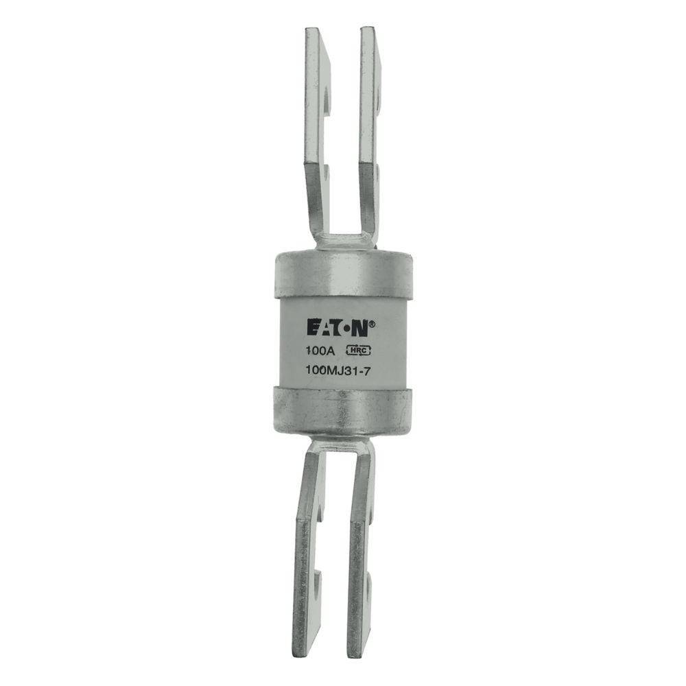 Elektrische Sicherung von Eaton, Modell 100MJ31-7, ausgelegt für 100A. Silberne Metallaußenhülle mit Stiften zur Schaltkreisverbindung.