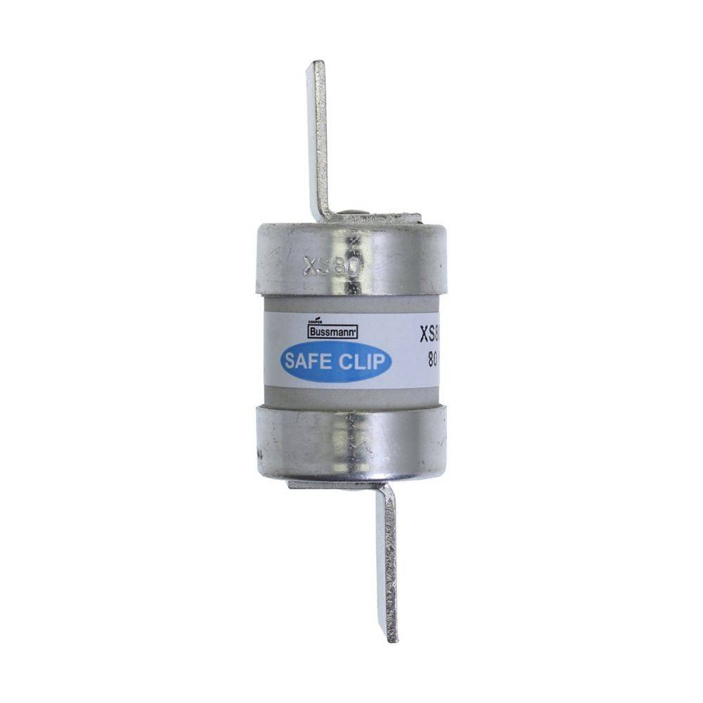 Ein Bussmann SAFE CLIP Sicherung, auf der Oberseite mit XS und auf der Unterseite mit 800 beschriftet. Es ist eine zylindrische Metallkomponente mit hervorstehenden Klipsenenden.