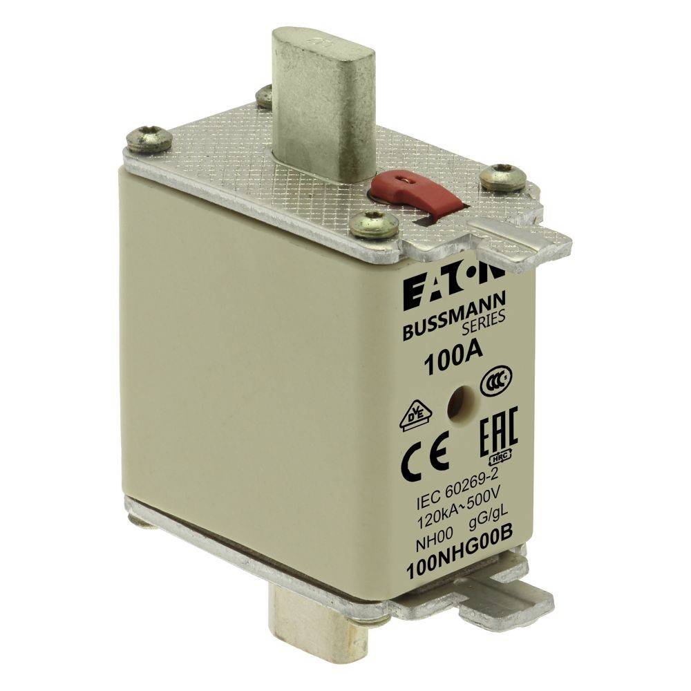 Eaton 100A NH00 Sicherung; Bussmann-Serie; IEC 60269-2; 120kA, 500V Nennwert; silberne Metallklemmen; beiger Gehäusekörper.