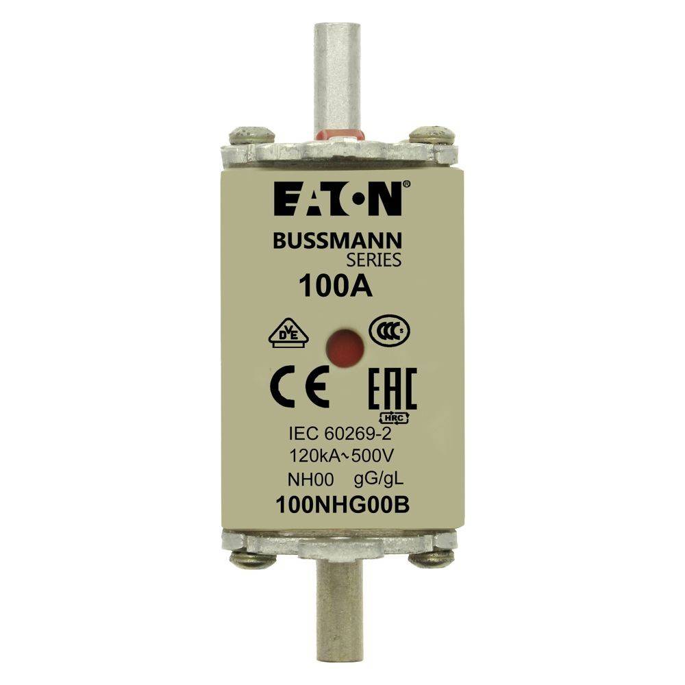 Eaton Bussmann Serie 100A Sicherung, IEC 60269-2, 120kA-500V, NH00 gG/gL, Modell 100NHG00B, CE- und EAC-zertifiziert.