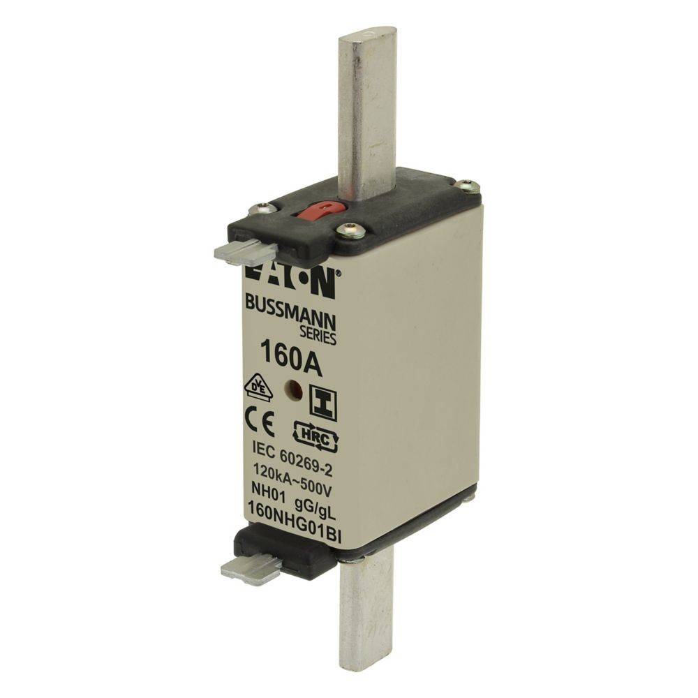 Ein 160A Bussmann-Sicherungselement mit Metallanschlüssen von Eaton. Zeigt CE- und IEC-Zertifizierungen sowie Spezifikationen von 500V und 120kA.