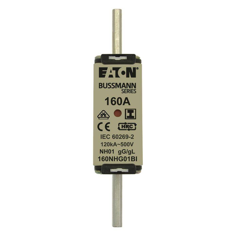 Ein Bussmann 160A Sicherungseinsatz von Eaton Serie für 120kA-500V Anwendungen, gekennzeichnet mit NH01 gG/gL, nach IEC 60269-2 Normen.