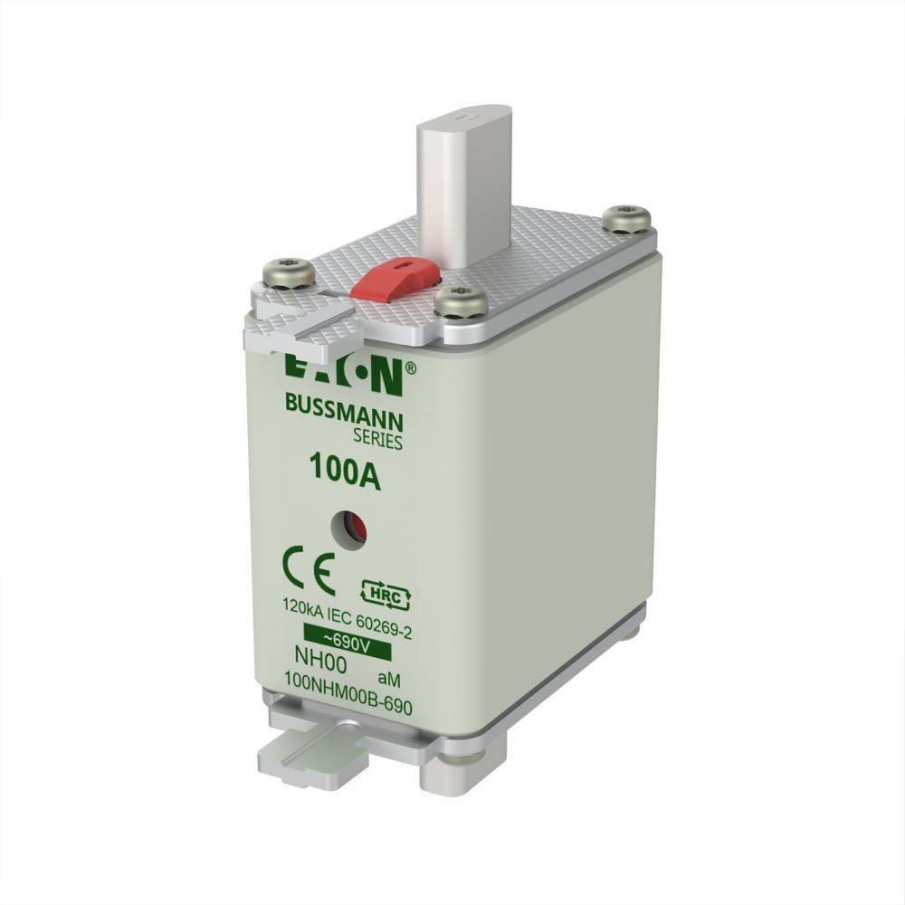 Eaton Bussmann Serie 100A HRC-Sicherung. Spezifikationen: 120kA IEC 60269-2, 690V, Typ NH00, 4M, Modell 100NHM008-690.