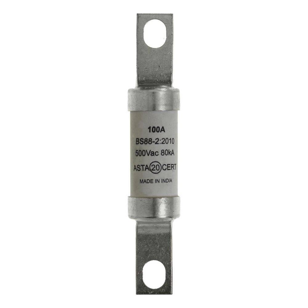 Eine 100A-Sicherung mit der Kennzeichnung BS88-2:2010, 500Vac 80kA, ASTA20-Zertifikat, hergestellt in Indien.