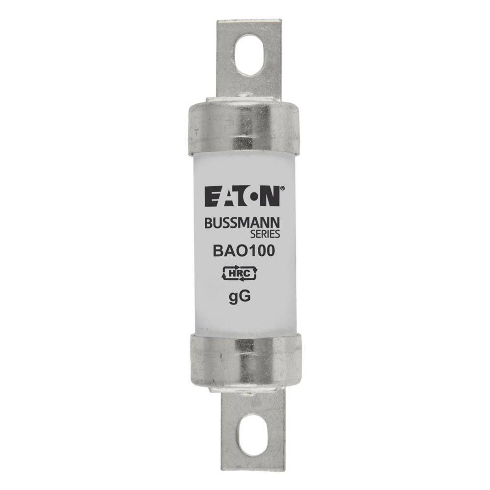 Eine zylindrische Eaton Bussmann Sicherung mit metallischen Endkappen, beschriftet mit 'BAO100' und 'HRC gG', verwendet zum Schutz elektrischer Stromkreise.