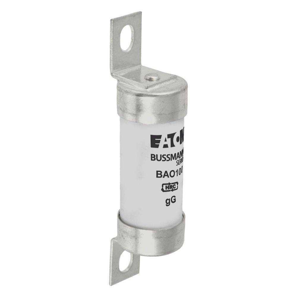 Eine zylindrische elektrische Sicherung mit silbernen Metallendeinsätzen und Befestigungsklemmen, gekennzeichnet als 'Eaton Bussmann Serie BAO10'.