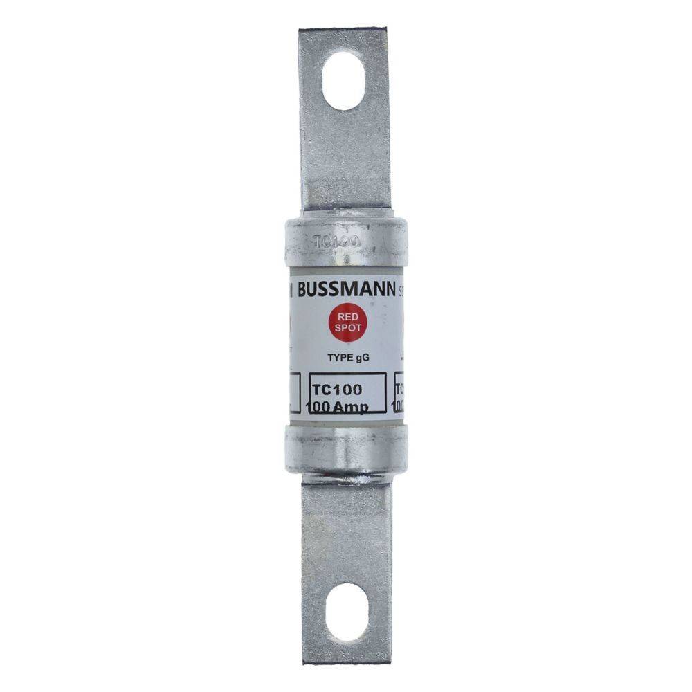 Ein zylindrischer Bussmann-Sicherungseinsatz mit Metallanschlüssen an beiden Enden, gekennzeichnet mit 'Roter Punkt', 'Typ gG' und 'TC100 100 Ampere'.