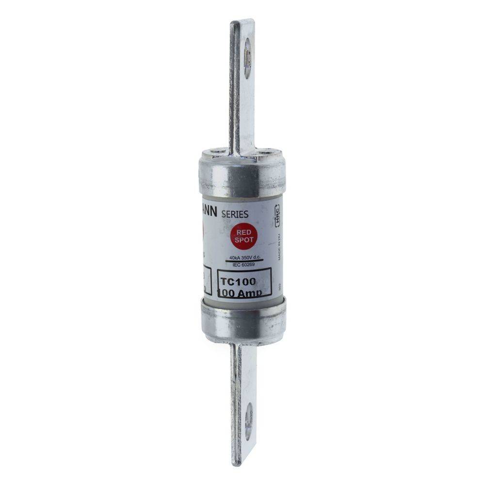 Roter Punkt' TC100 100-Ampere-Sicherung, zylindrisch mit metallischen Anschlüssen, verwendet für elektrische Sicherheitsanwendungen.