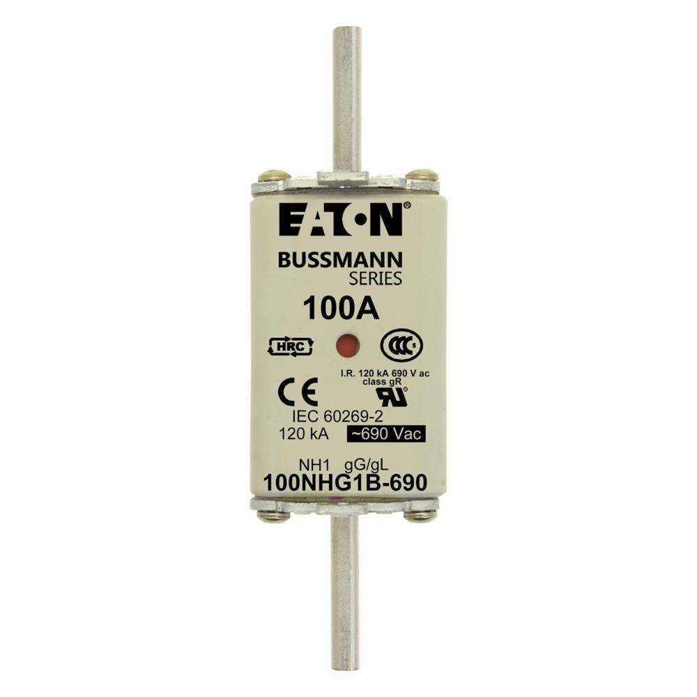 „Ein weißer Eaton Bussmann Sicherungseinsatz, bemessen mit 100A, 690V, mit IEC-Standardkennzeichnung und Modell 100NHG1B-690, vertikal angeordnet.