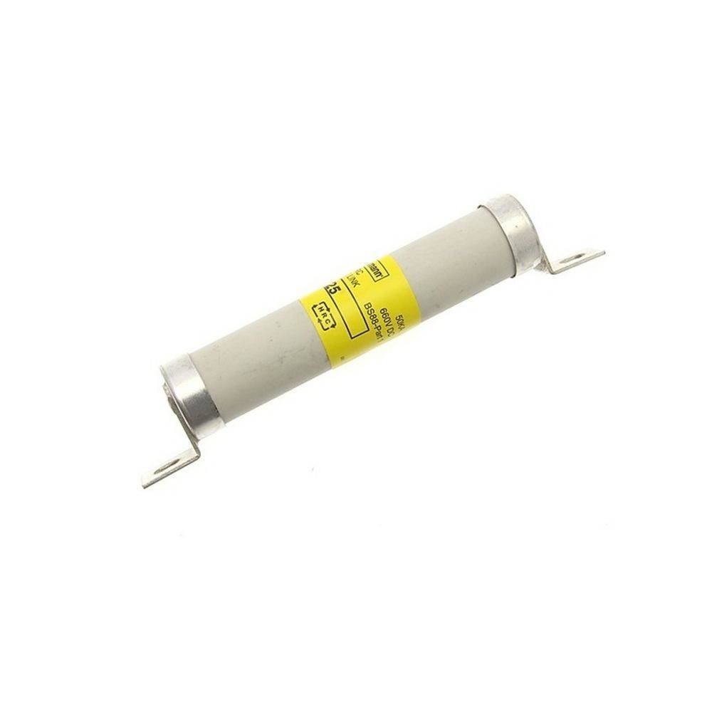 Eine zylindrische elektrische Sicherung mit Metallkappen an beiden Enden, versehen mit einem gelben Etikett, das Spezifikationen anzeigt, isoliert auf weißem Hintergrund.