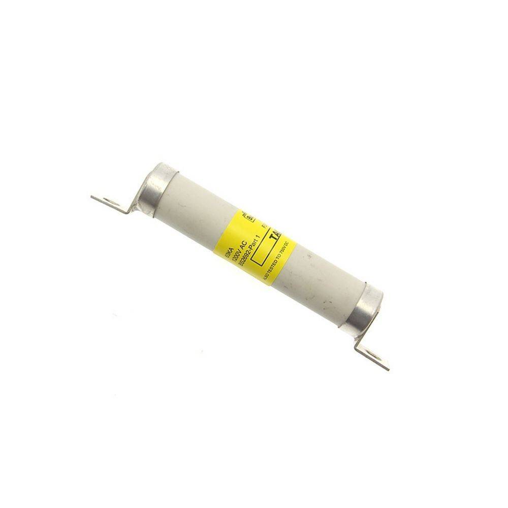 Eine zylindrische Keramikrohrsicherung mit Metallkappen und einem gelben Etikett, das elektrische Spezifikationen anzeigt.