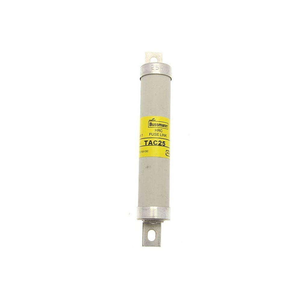 Eine weiße zylindrische Sicherung mit metallischen Enden, beschriftet mit 'Busmann Fuse Link TAC25'. Gelbe und weiße Etiketten zeigen Spezifikationen an.