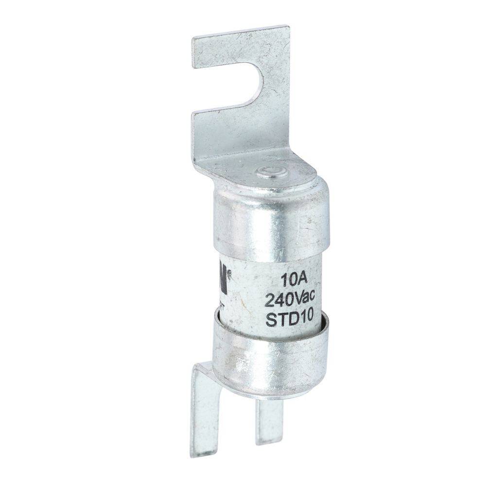 Eine Metallzylinder-Sicherung mit der Bezeichnung '10A 240Vac STD10', die für den Stromschutz entwickelt wurde, mit Anschlusskontakten an beiden Enden.
