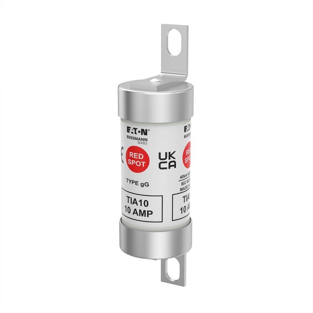 Eine zylindrische elektrische Sicherung mit Metallendkappen, gekennzeichnet mit 'Roter Punkt', 'Typ gG', 'TIA10 10 AMP' zur Verwendung in der Stromkreisabsicherung.