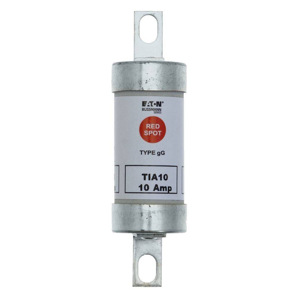 Eine zylindrische elektrische Sicherung mit der Beschriftung 'Eaton Bussmann', 'Red Spot', 'Typ gG', 'TIA10', '10 Ampere', mit Metallanschlüssen an beiden Enden.