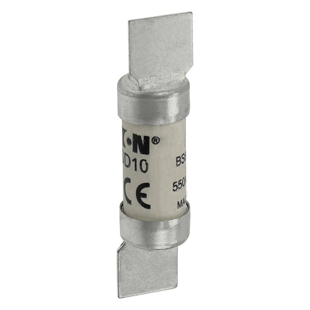 Eine zylindrische elektrische Sicherung mit Metallenden, beschriftet mit 'Eaton', '10 A', 'CE' und '550V', zur Stromkreisabsicherung.