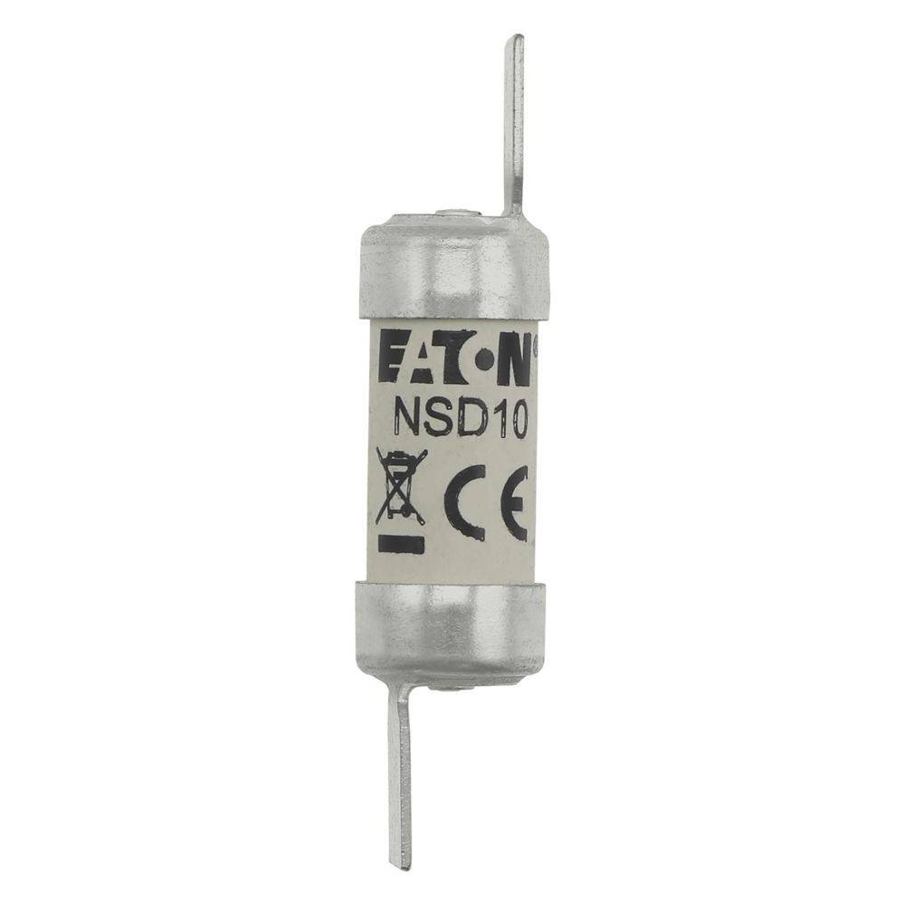 Eine zylindrische elektronische Komponente mit der Bezeichnung 'Eaton NSD10', die an beiden Enden metallische Anschlüsse aufweist und mit CE- und Warnungssymbolen versehen ist.