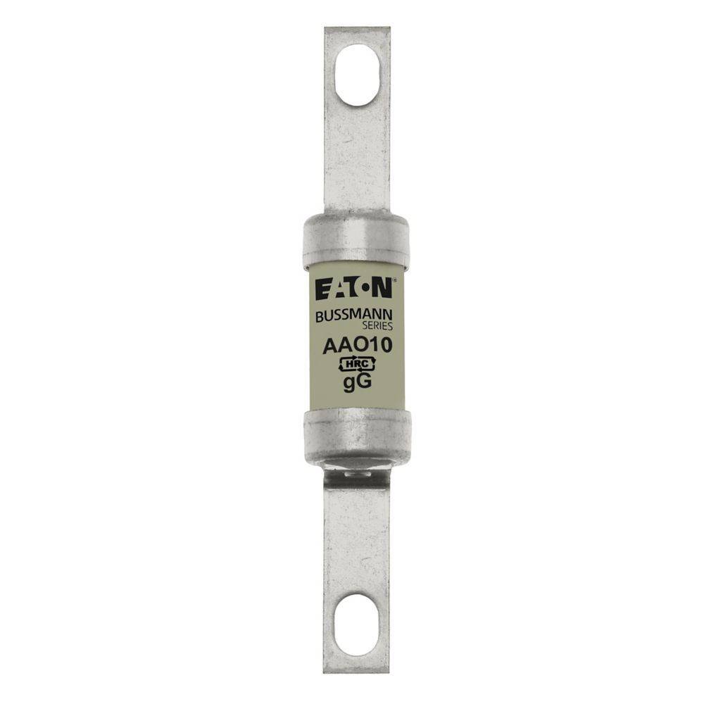 Eaton Bussmann Serie AA010 HRC-Sicherung. Eine industrielle Komponente zur elektrischen Stromkreisabsicherung mit Metallkontakten an beiden Enden.
