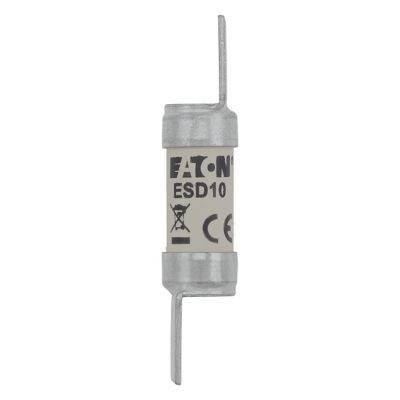 Eine zylindrische Eaton ESD10 elektronische Komponente mit Metallanschlüssen an beiden Enden wird dargestellt. Sie zeigt das CE-Zeichen und ein Recycling-Symbol.