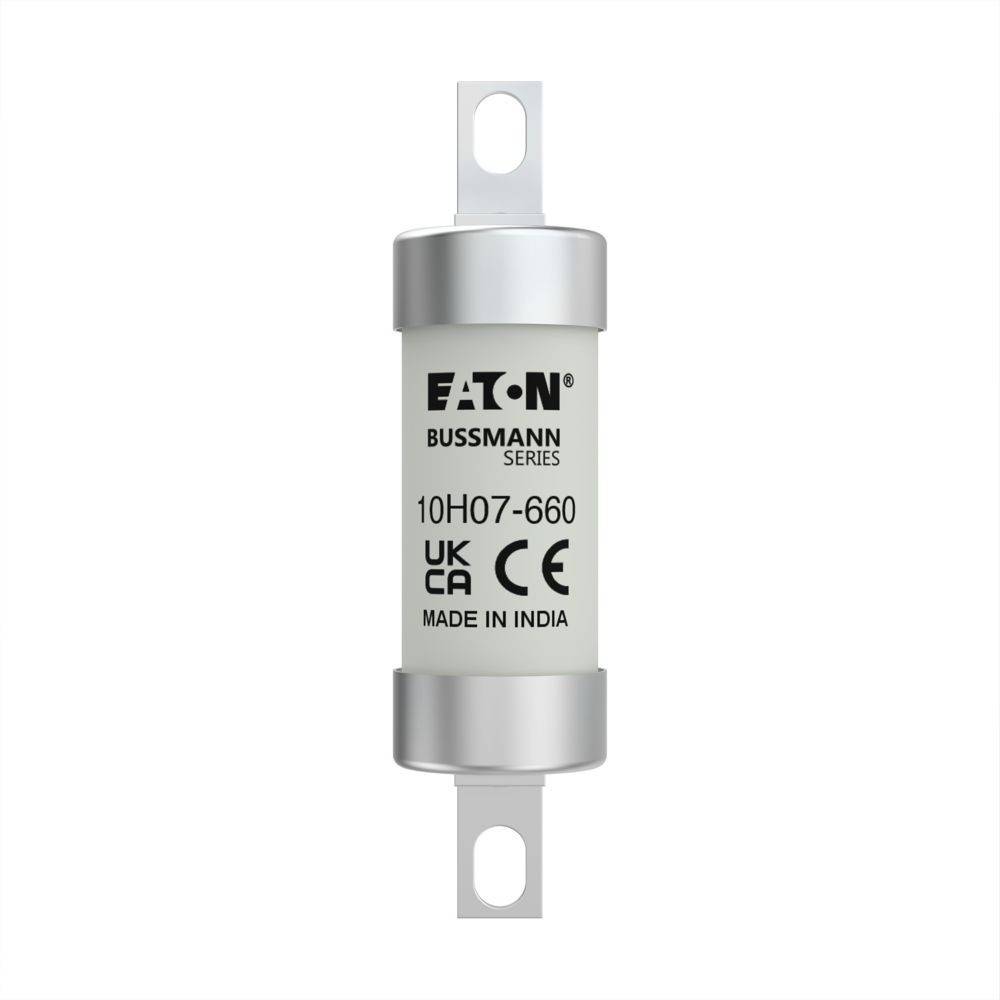 Eaton Bussmann 10H07-660 Sicherung, mit elektrischen Zertifizierungszeichen UKCA und CE. Gekennzeichnet mit 'Made in India'.