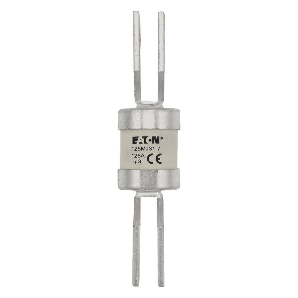 Eine silberne Eaton-Elektronikkomponente mit zwei Stiften an jedem Ende. Beschriftung: '125MJ31-7 125A 9G' und CE-Zertifizierung. Verwendet für elektrische Anwendungen.