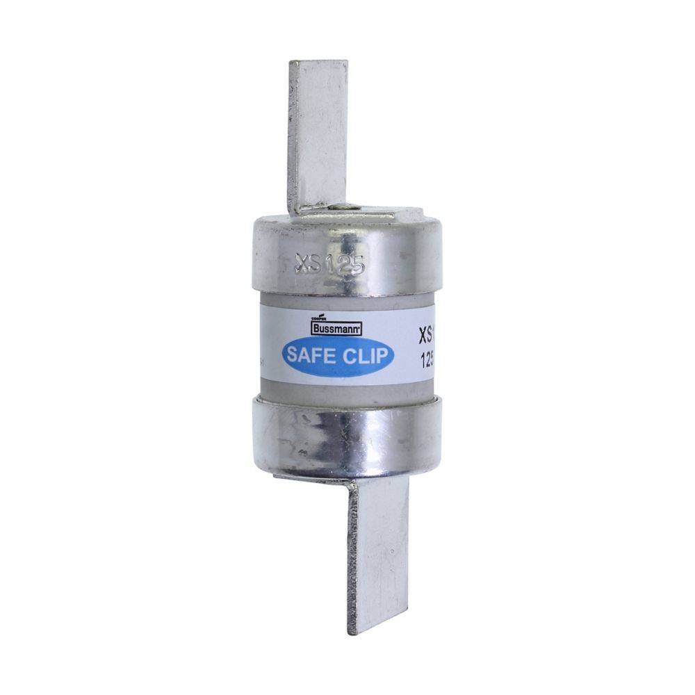 Eine Zylindersicherung mit einer Beschriftung, die 'Busmann Safe Clip 125' lautet. Sie verfügt an beiden Enden über Metallverbinder und wird für elektrische Sicherheit eingesetzt.