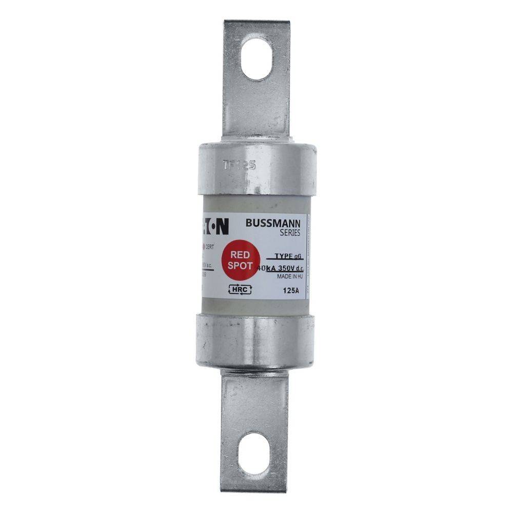 Eaton Bussmann Rotpunkt 125A Sicherung, Typ J, mit metallischen Endkappen und weißem zylindrischem Körper, verwendet zur elektrischen Stromkreisabsicherung.