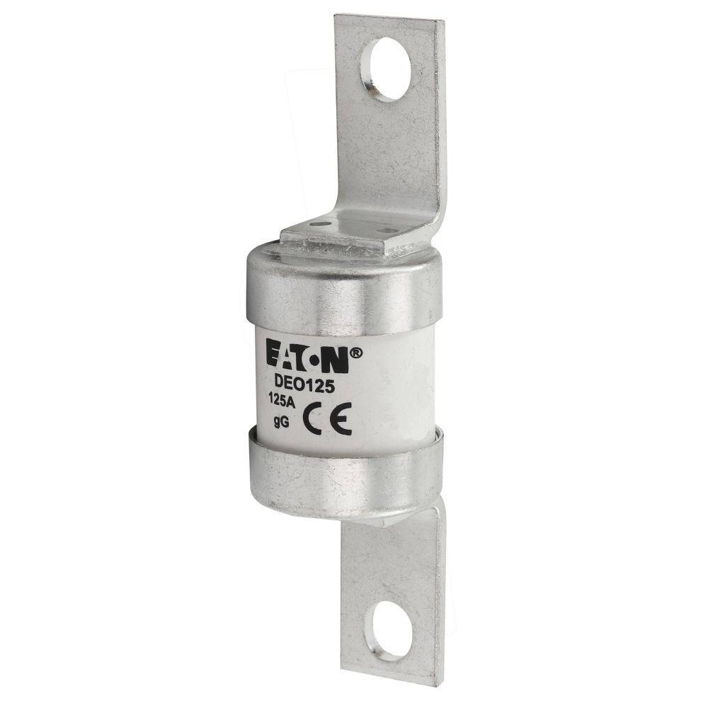Eine weiße und silberne Eaton DE0125 125A Sicherung mit Metallbügeln an beiden Enden zum Schutz elektrischer Stromkreise.