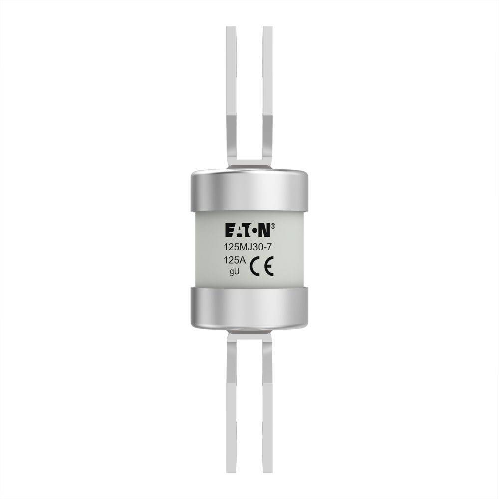 Eine zylindrische elektrische Sicherung, gekennzeichnet mit 'EATON 125M30-7 125A gU CE', ausgelegt für 125-Ampere-Stromkreise.