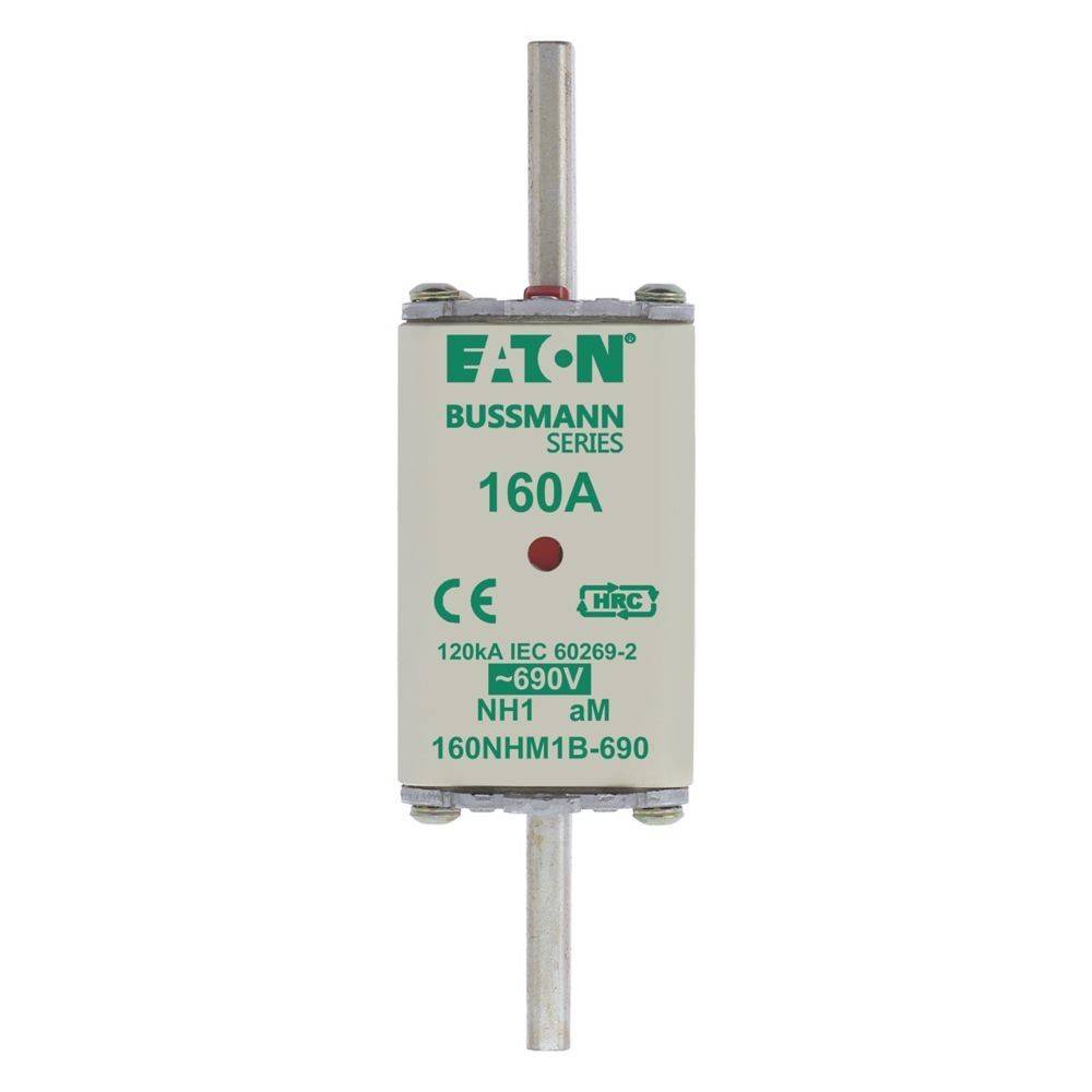 Sicherung mit der Bezeichnung 'Eaton Bussmann Serie 160A, 120kA IEC 60269-2, NH1, 690V, 160NHM1B-690' mit Metallverbindern an jedem Ende.