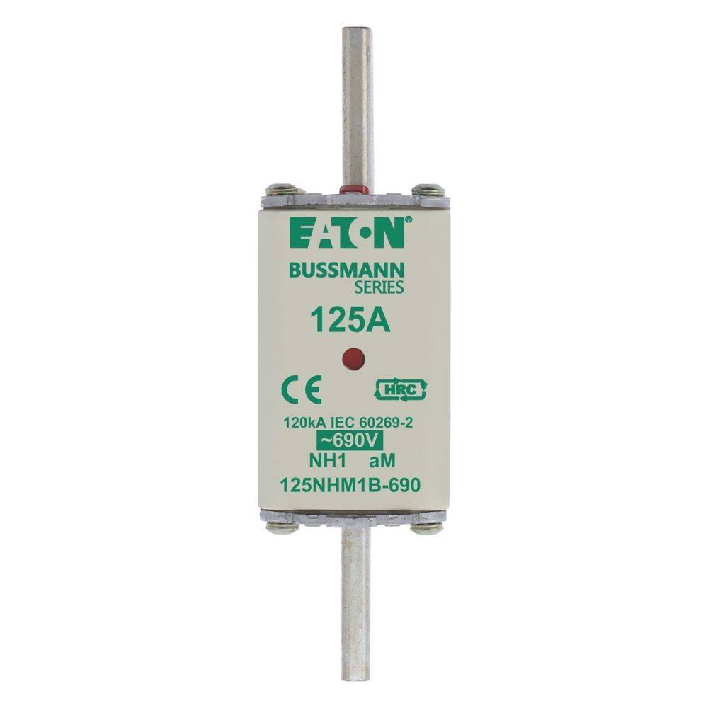 Eine weiße Eaton Bussmann Series Sicherung, beschriftet mit '125A, 120kA IEC 60269-2, NH1 aM, 690V, 125NHM1B-690' mit metallischen Anschlüssen an beiden Enden.