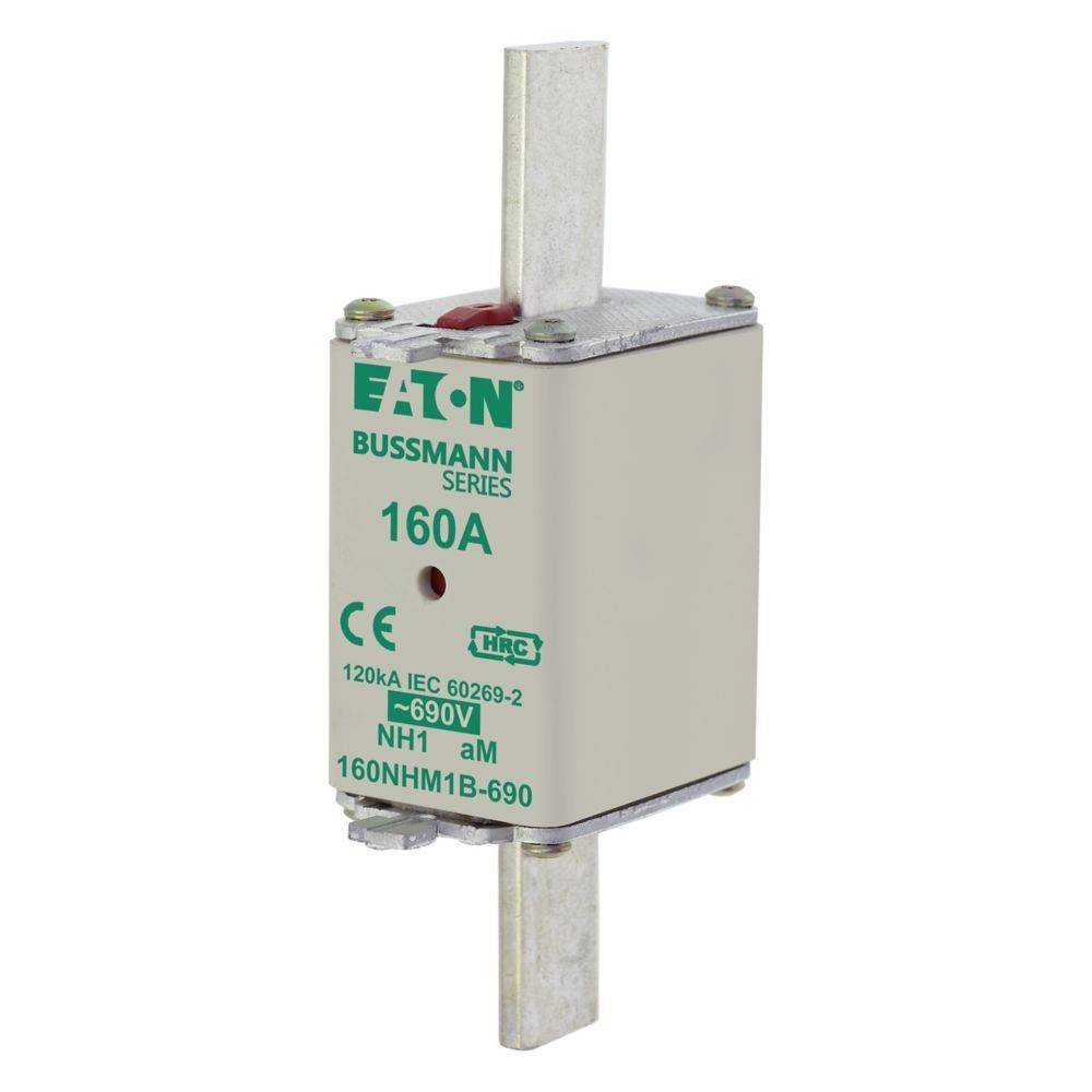 Eaton Bussmann Serie 160A NH-Sicherung mit Metallanschlüssen und Spezifikationen einschließlich 690V, auf dem Sicherungskörper sichtbar gekennzeichnet.