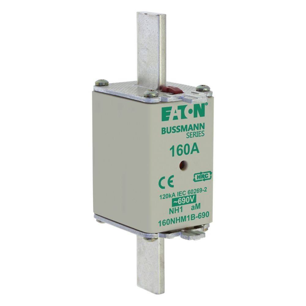 Eaton Bussmann Serie 160A Elektrische Sicherung, Modell NH1, mit Metallstreifenverbindern und Konformitätskennzeichnungen für Hochstrom-Anwendungen.