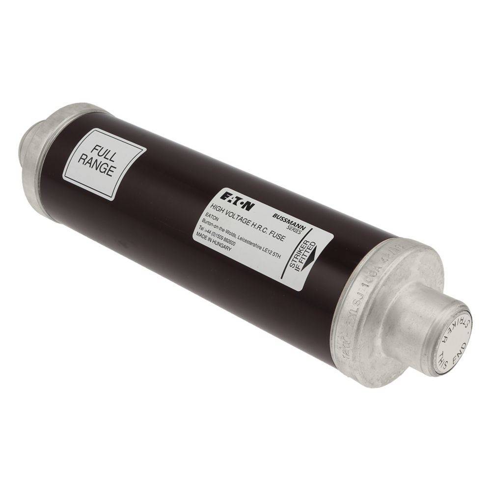 Eine zylindrische Hochspannungssicherung mit der Bezeichnung 'Eaton', die einen schwarzen Körper und metallische Endkappen besitzt und für Elektroausrüstungsanwendungen mit dem Vermerk 'Full Range' gekennzeichnet ist.