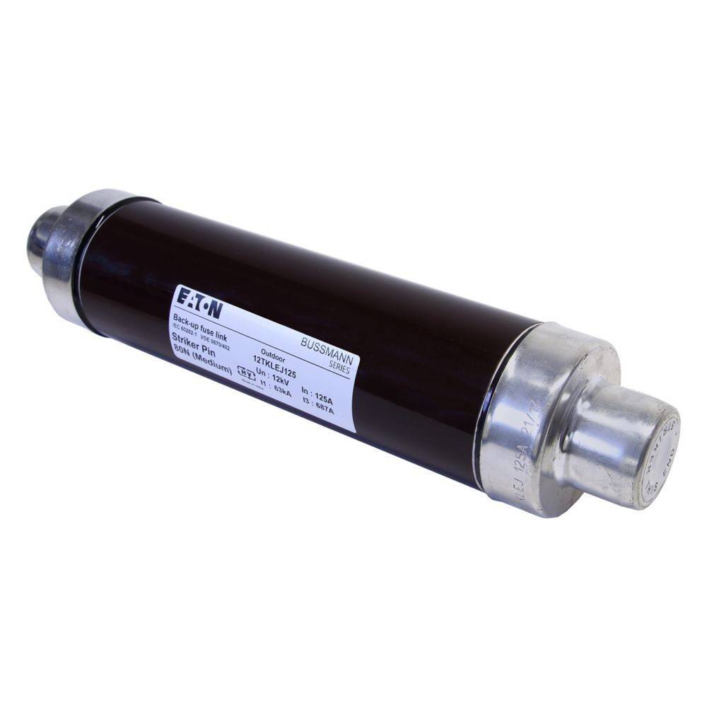 Ein zylindrischer Eaton Bussmann Sicherungseinsatz, Modell TPLKJ115L25, ausgelegt für 7,2 kV, 125 A, verwendet in elektrischen Anwendungen.