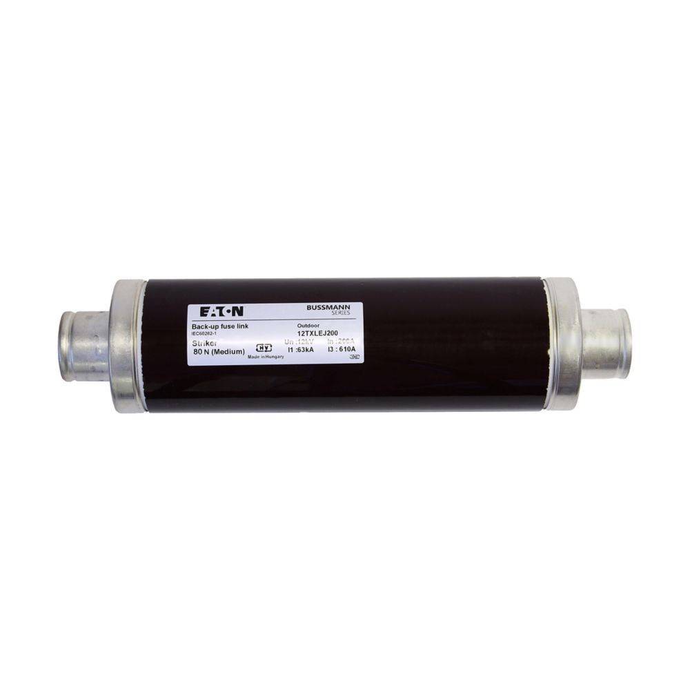 Eine zylindrische schwarze Bussmann Sicherungspatrone mit der Aufschrift '12.5KV, 100E' und silbernen Enden, die für elektrische Schutzanwendungen verwendet wird.