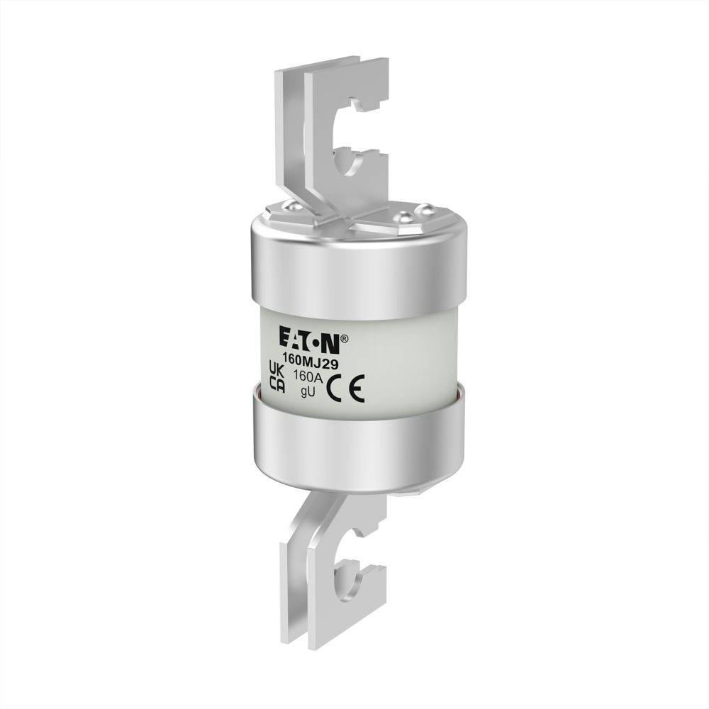 Eine Zylindersicherung, gekennzeichnet mit 'Eaton 160M-J29, 160A', mit Metallhalterungen für elektrische Anwendungen, versehen mit den Markierungen 'UK CA' und 'CE'.