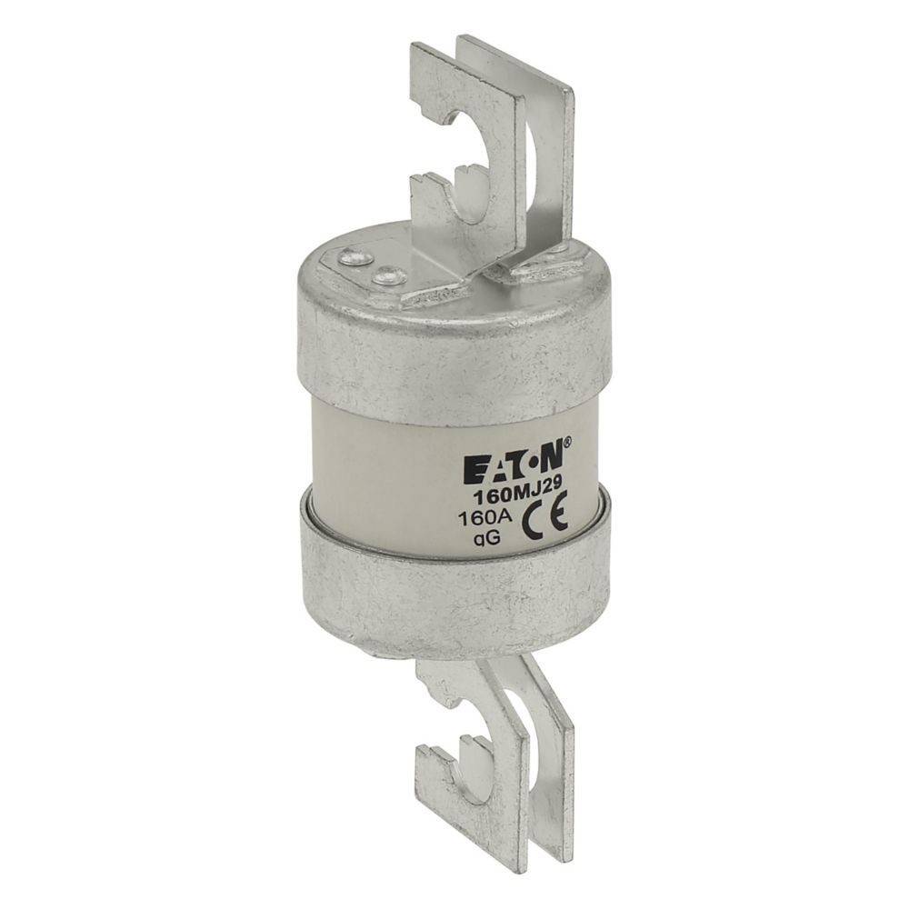 Eine zylindrische elektrische Sicherung mit Metallverbindern, gekennzeichnet mit 'Eaton 160MJ29 160A CE'. Entwickelt zum Schutz von elektrischen Stromkreisen.