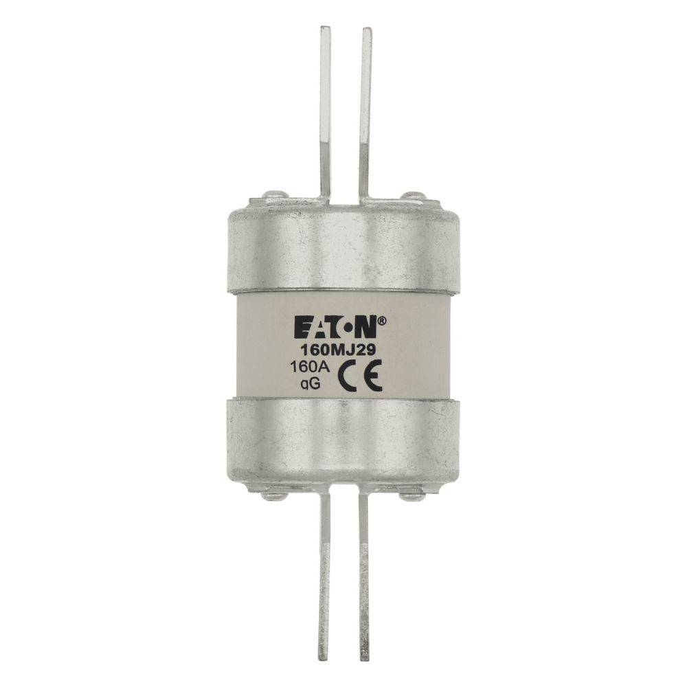 Eine silberne, zylindrische elektrische Sicherung mit der Beschriftung 'EATON 160MJ29 160A qG', die vier Metallstifte oben und unten aufweist.