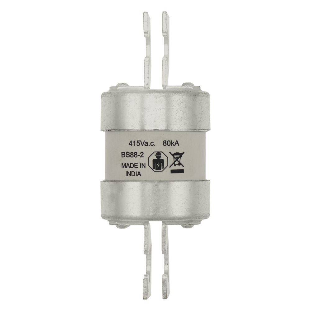 Eine zylindrische Elektrische Sicherung mit der Beschriftung '415V a.c. 80kA BS88-2 MADE IN INDIA', die sechs Metallverbinder aufweist und zur Stromkreisabsicherung verwendet wird.