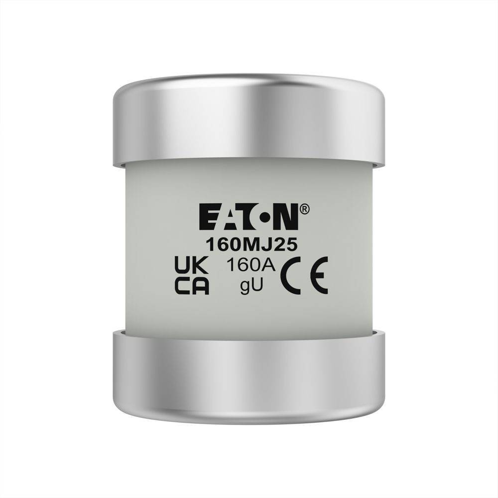 Eaton 160MJ25 Sicherung, mit einer Nennstromstärke von 160A, verfügt über UK CA- und CE-Kennzeichnungen und eignet sich für elektrische Sicherheits- und Konformitätsstandards.