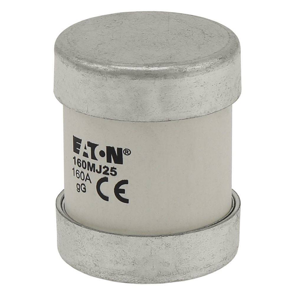 Eaton 160MJ25 160A 9G CE' beschriftete zylindrische Sicherung mit metallischen Kappen an beiden Enden.