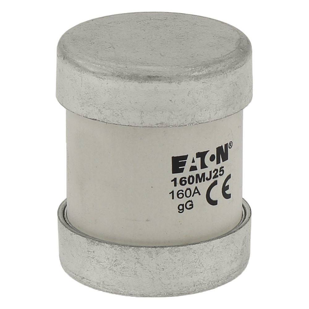 Eine Zylinder-Sicherung von Eaton 160A mit metallischen Enden und weißem Mittelteil, die Produktdetails und Zertifizierungen zeigt.