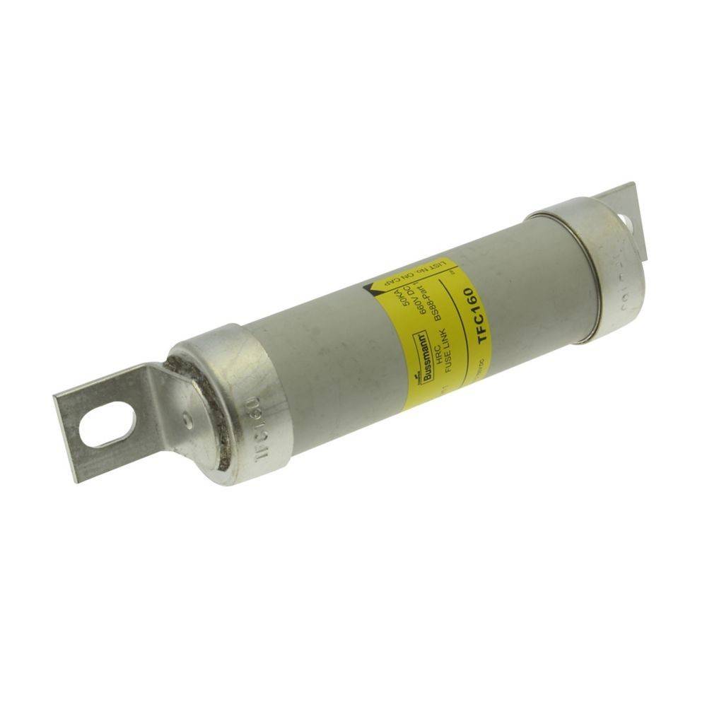 Eine zylindrische elektrische Sicherung mit Metallenden und einem gelben Etikett auf dem Gehäuse. Das Etikett enthält Herstellerangaben und Teilenummer.