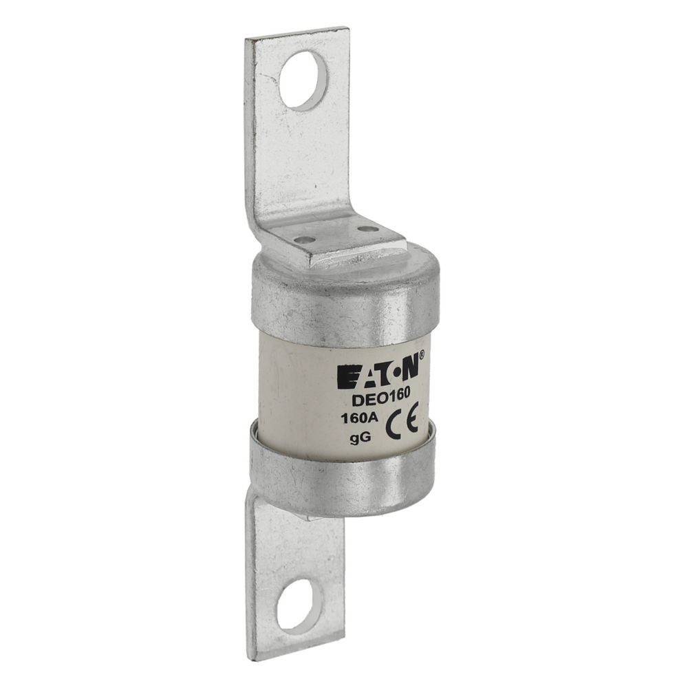 Eine zylindrische Eaton DEO160 Sicherung, mit einer Nennstromstärke von 160A, ausgestattet mit zwei Metallverbindern an jedem Ende, verwendet zur elektrischen Stromkreisabsicherung.