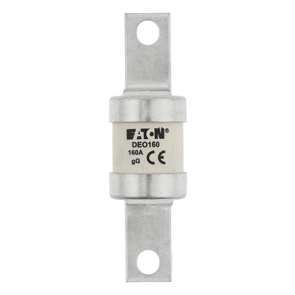 Eine zylindrische elektrische Sicherung mit der Beschriftung 'Eaton DEO160 160A gG CE', mit Metallkontakten an beiden Enden.