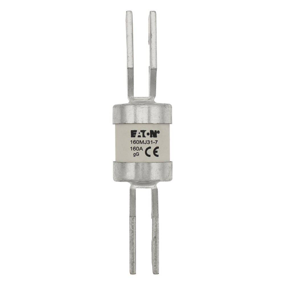 Eine Nahaufnahme einer Eaton 160A-Sicherung, Modell 160MJ31, mit Doppelstiften, beschriftet mit ‚gG 180A CE'. Verwendet für elektrischen Leitungsschutz.